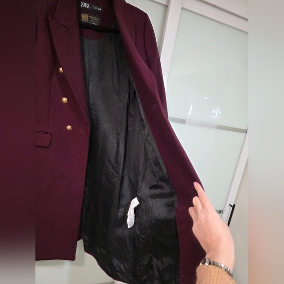Zara Manteco Wool Elegant Burgundy Long Coat Double Beasted Gold Button - Picture 12 of 17